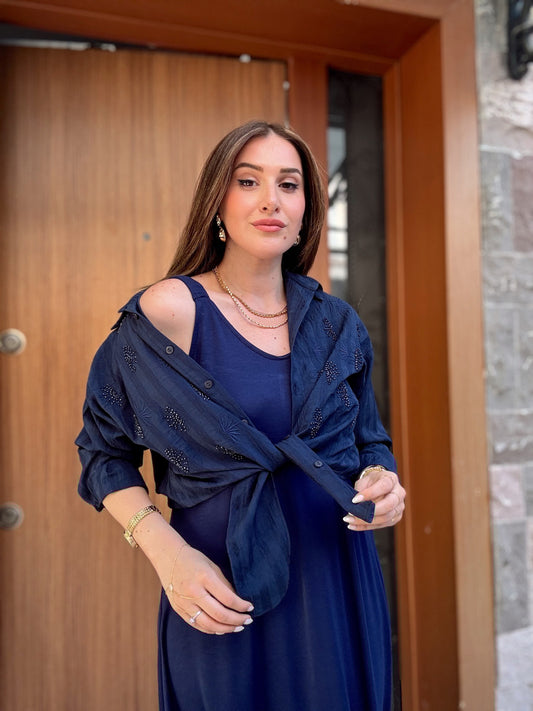 Önü bağlamalı taşlı aerobin gömlek LACİVERT