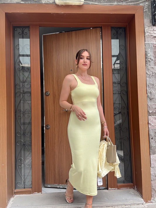 Fitilli modal kumaş askılı elbise SARI