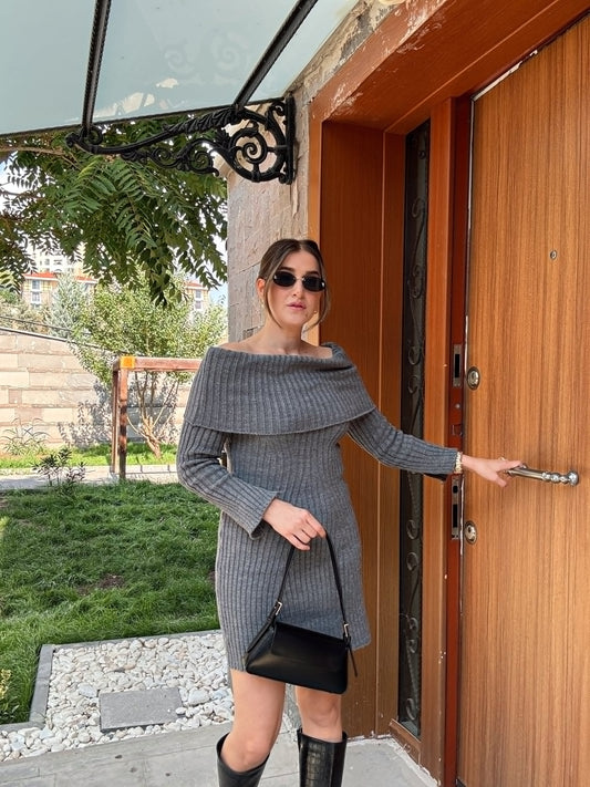 Kalın Fitil Madonna Yaka Elbise-FÜME