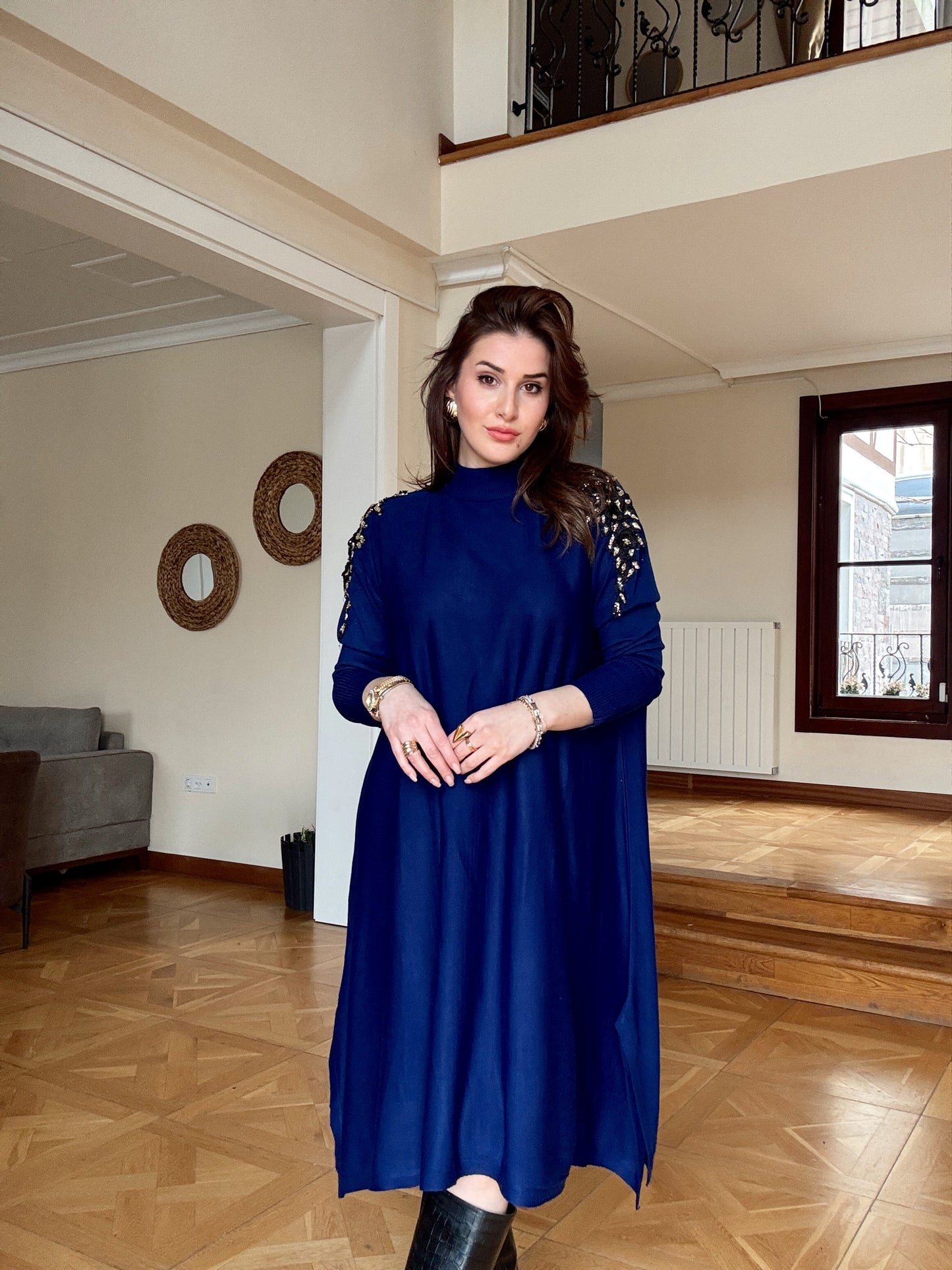 Omuz aksesuarlı tunik elbise -SAKS MAVİ
