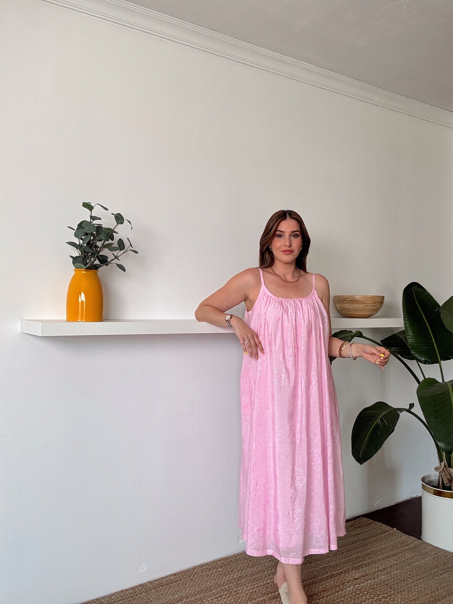 Askılı Astarlı Premium kumaş salaş elbise Pembe