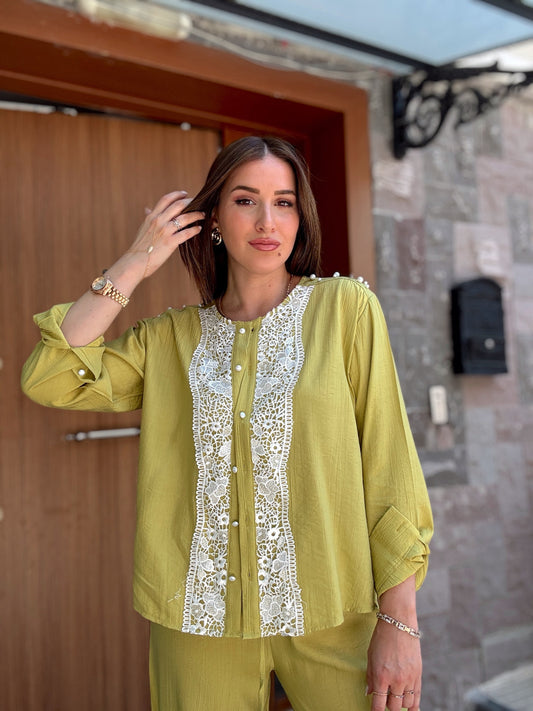 İNCİ ve güpür detaylı ikili takım YAĞ YEŞİLİ