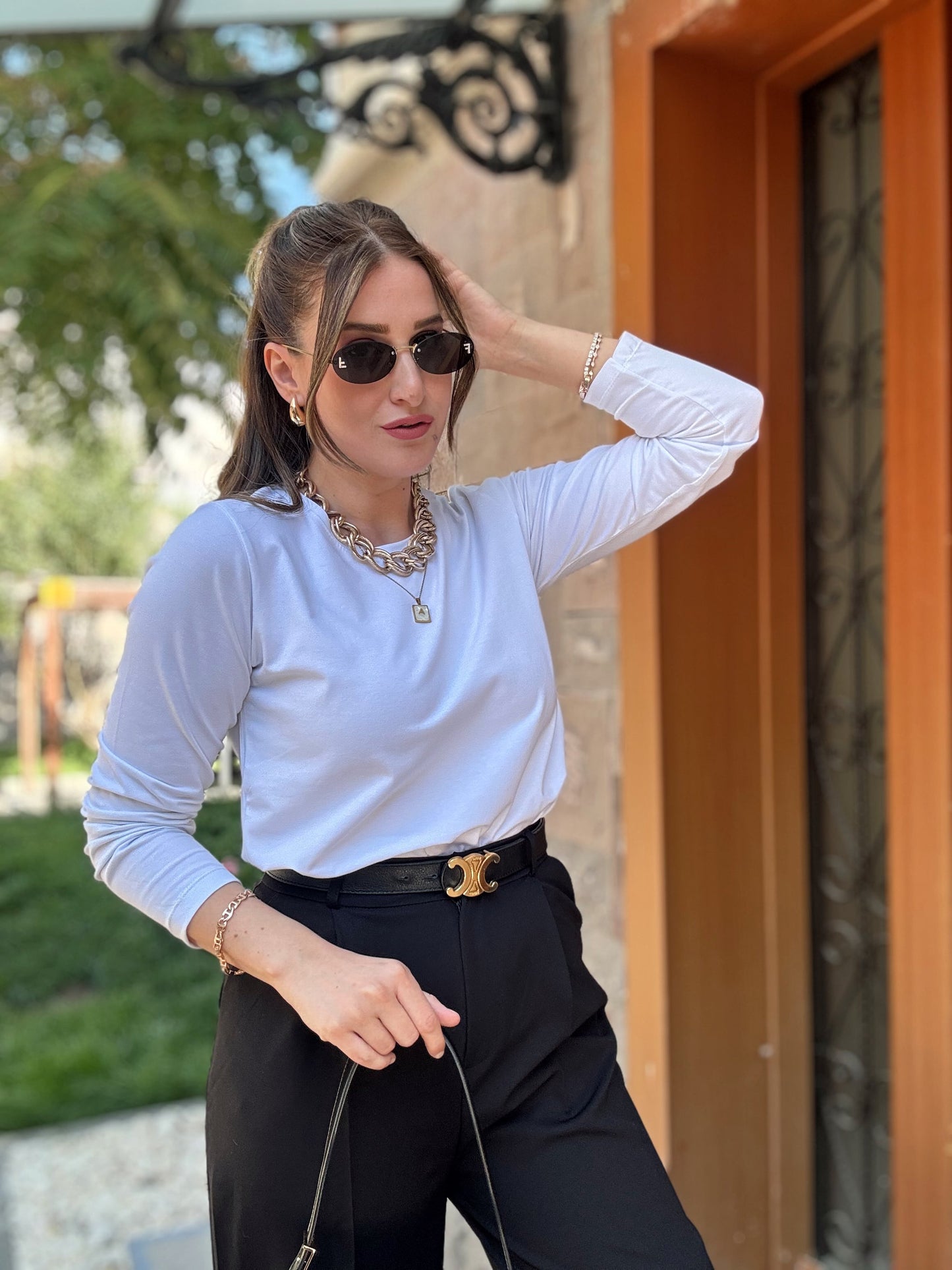 Basic Sıfır Yaka Uzun Kol Badi - BEYAZ