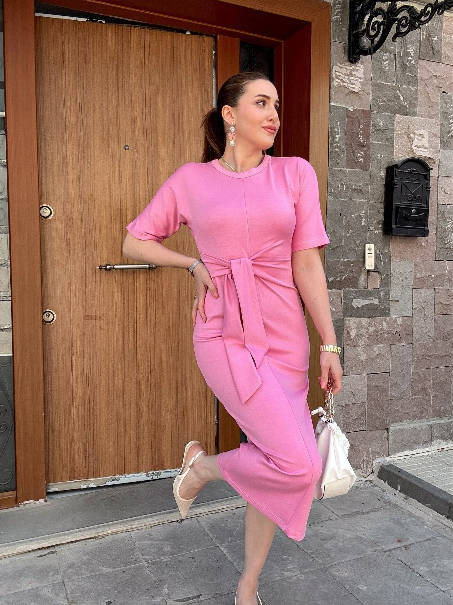 Bel bağlama detay modal kumaş elbise PEMBE