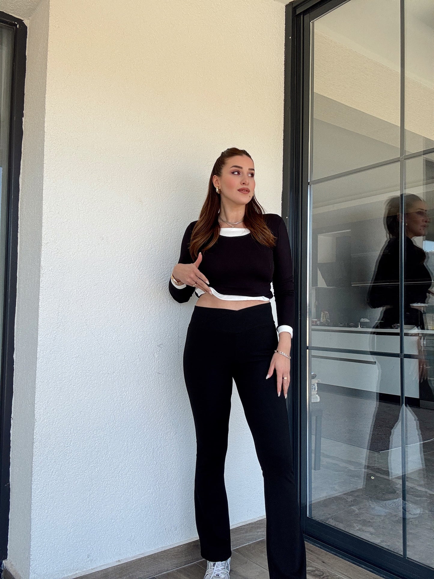 Mia ribanalı çapraz kemer ispanyol paça tayt-SİYAH