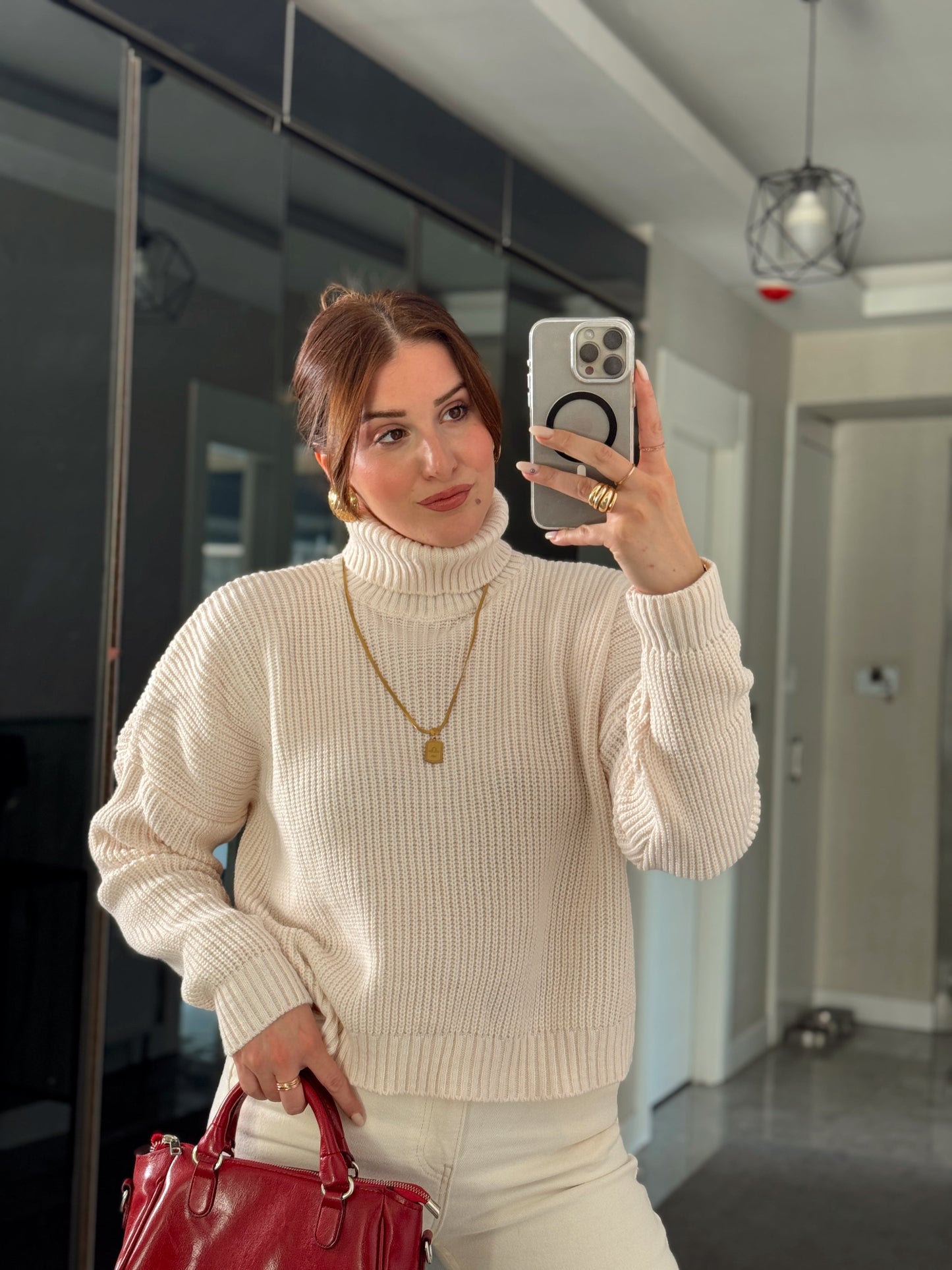 Balıkçı Yaka Selanik Örgü Kazak LATTE