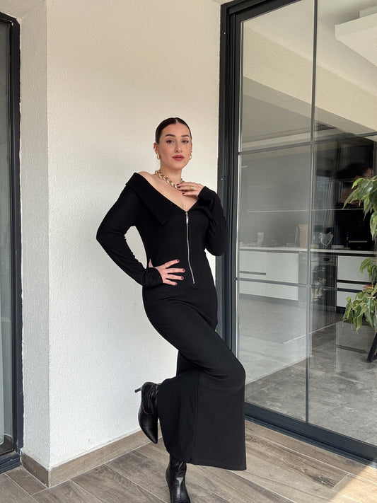 Madonna Yaka Ottoman Elbise - SİYAH