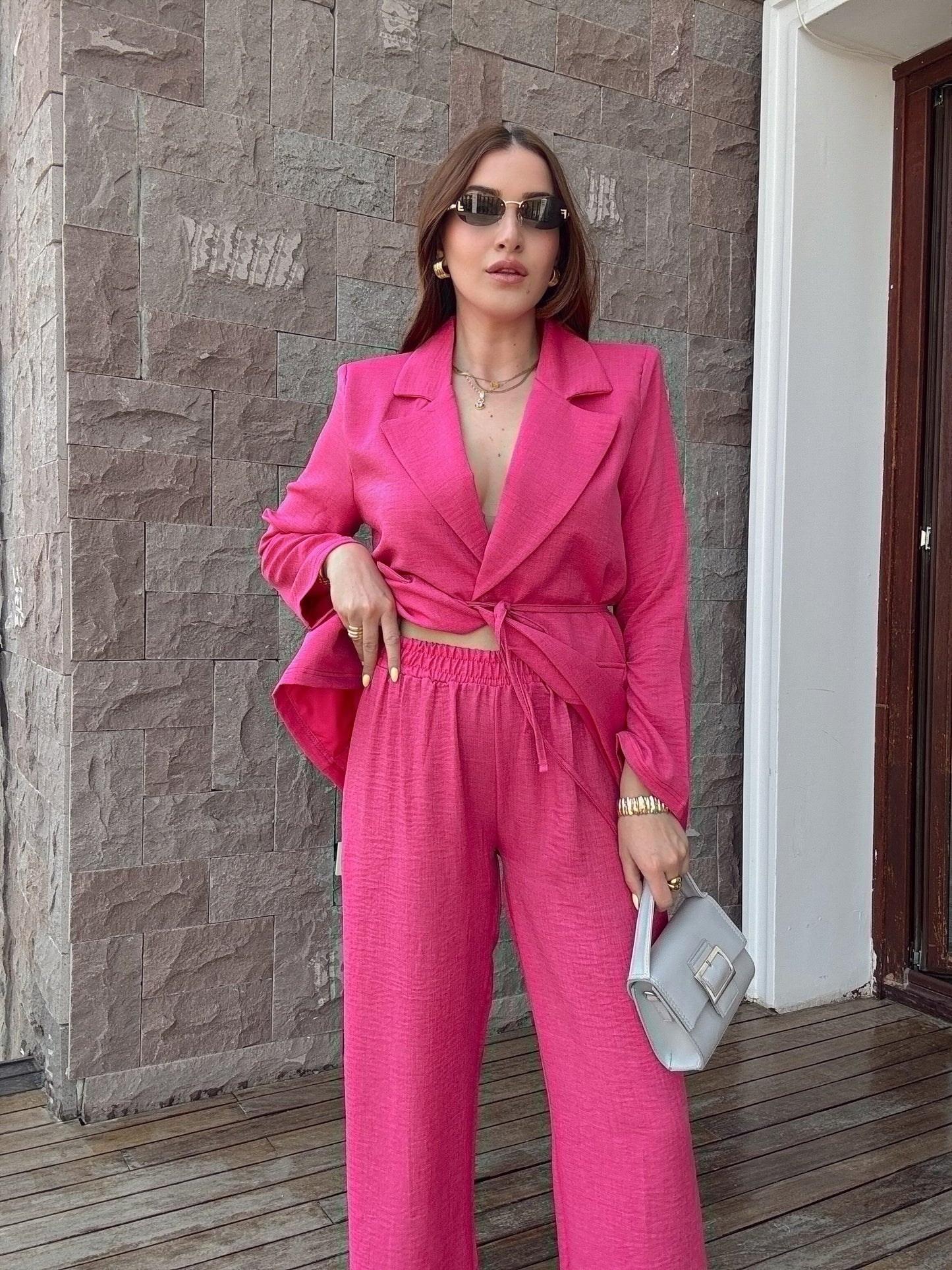 Keten kumaş ceket pantolon takım PEMBE