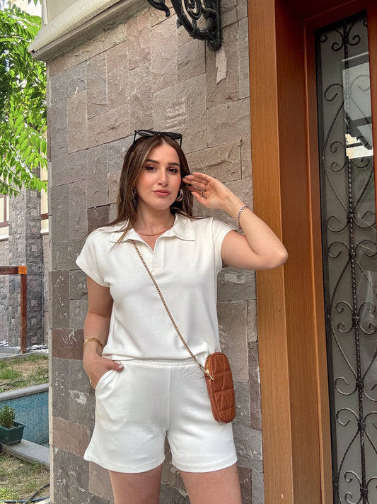 Polo yaka Modal Kumaş Şortlu Takım Ekru