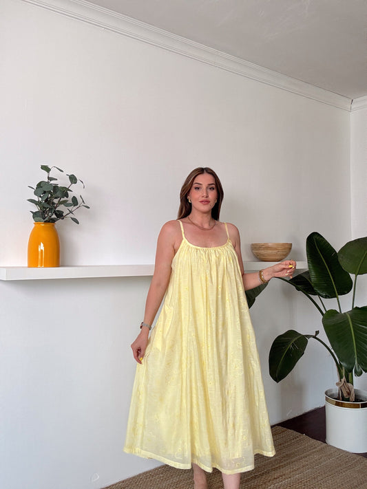 Askılı Astarlı Premium kumaş salaş elbise Sarı