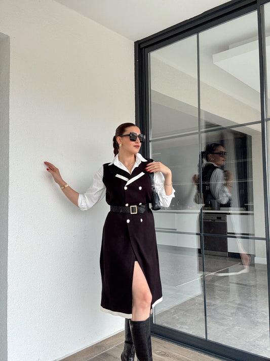 Çift Renk Düğmeli Uzun Yelek Siyah