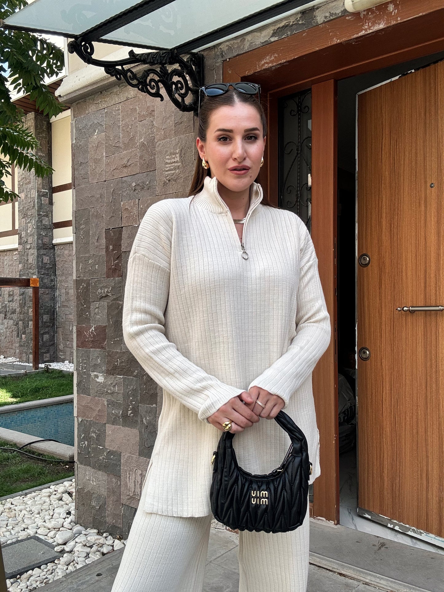Fermuarlı Fitilli Triko Takım - LATTE