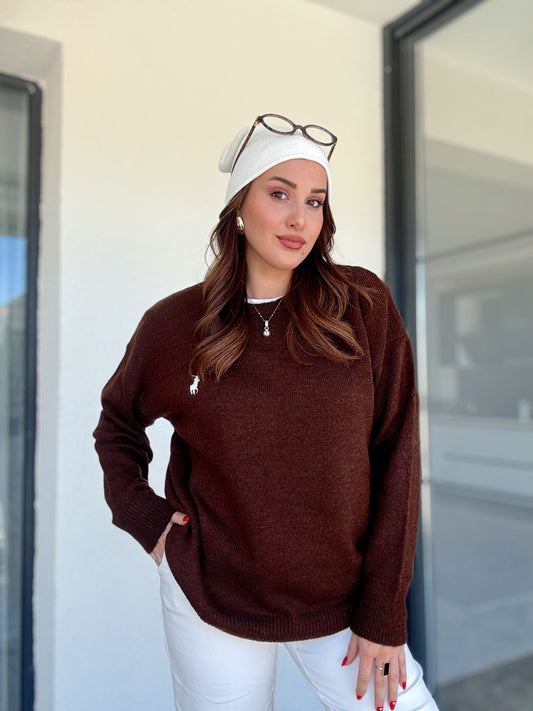 Nakışlı Oversize Triko Kazak Kahve