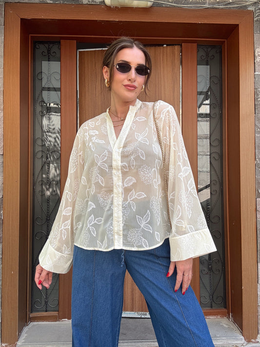 Yaprak detaylı transparan gömlek SARI