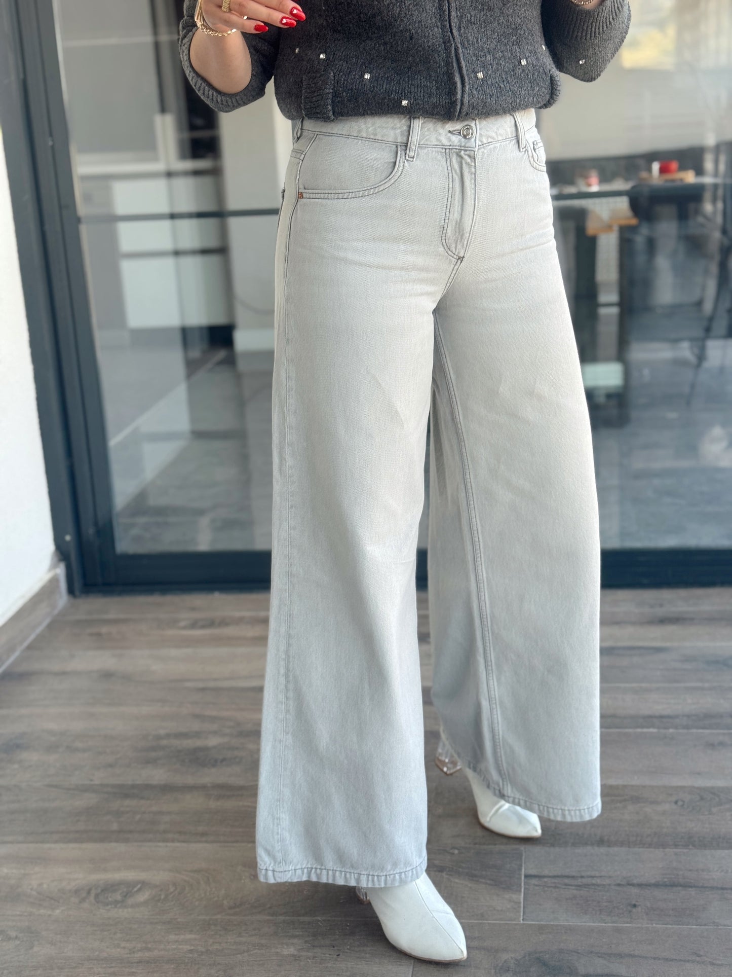 Zr model ekstra bol paça yıkamalı jean gri