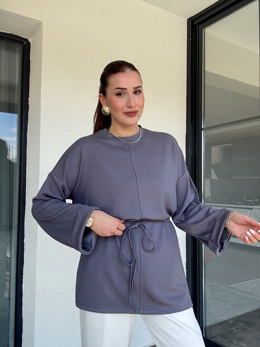 Modal kumaş duble kol tunik-GRİ