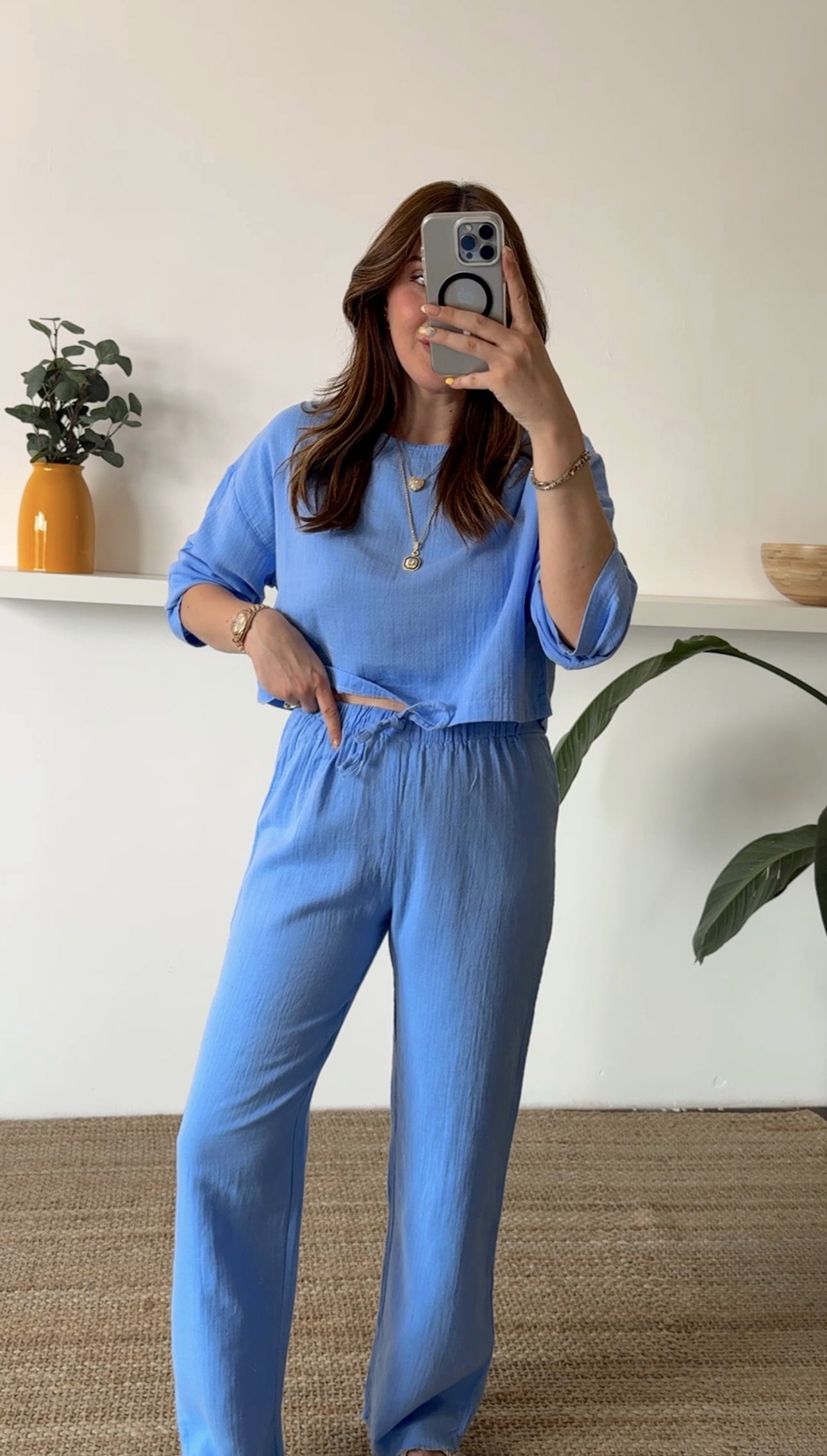 Keten uzun kol crop pantolon ikili takım MAVİ