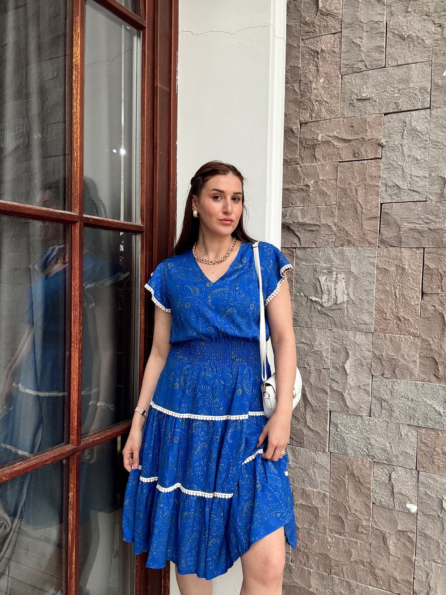 V yaka kol işleme detaylı elbise SAKS MAVİ