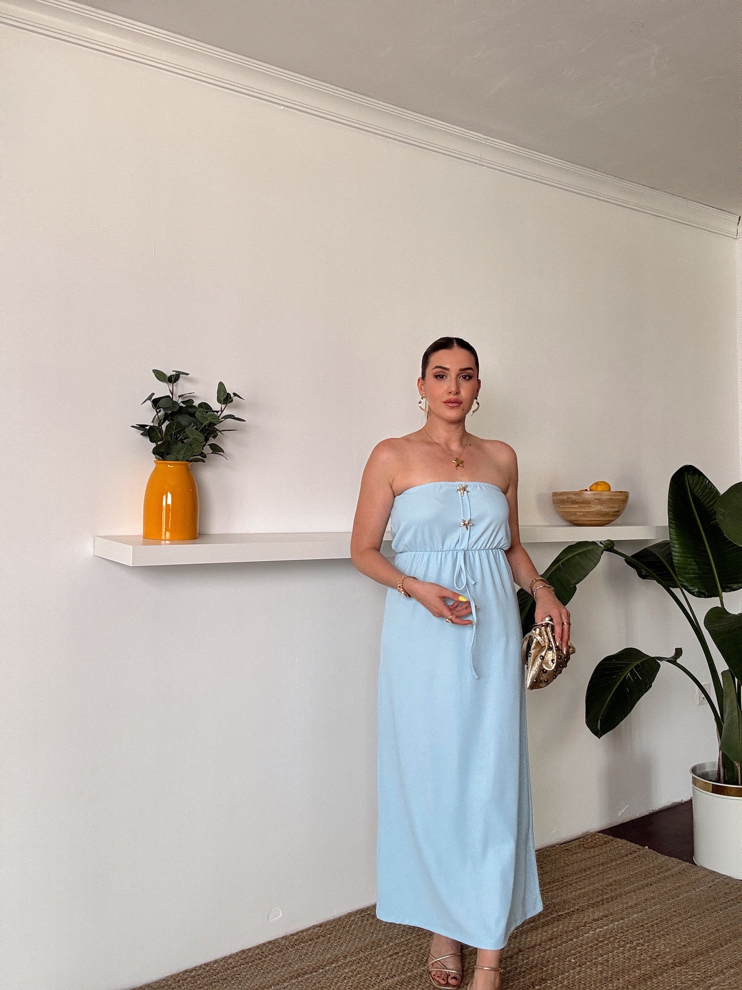 Straplez gold düğme detaylı fitilli elbise MAVİ