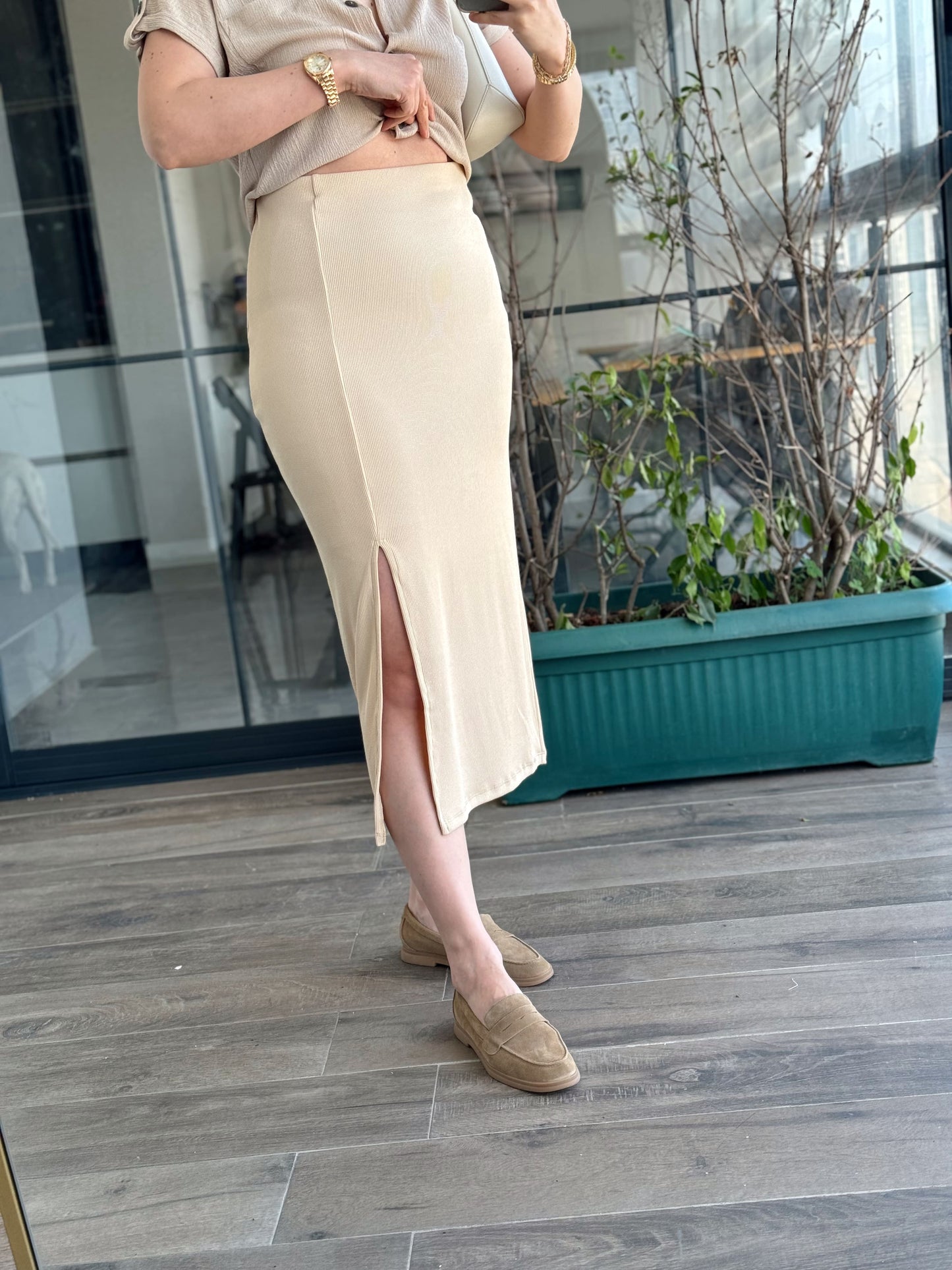 Yırtmaçlı Basic Etek - BEJ
