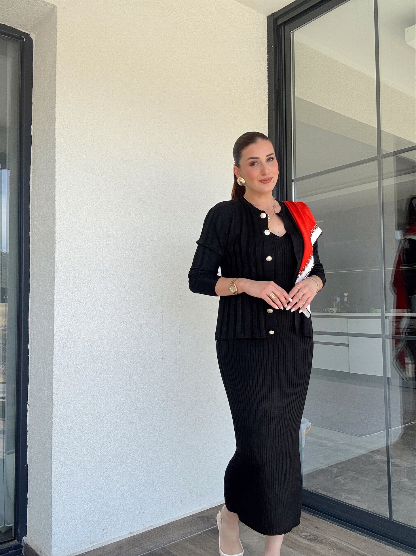 Fitilli Düğmeli Triko Takım Siyah