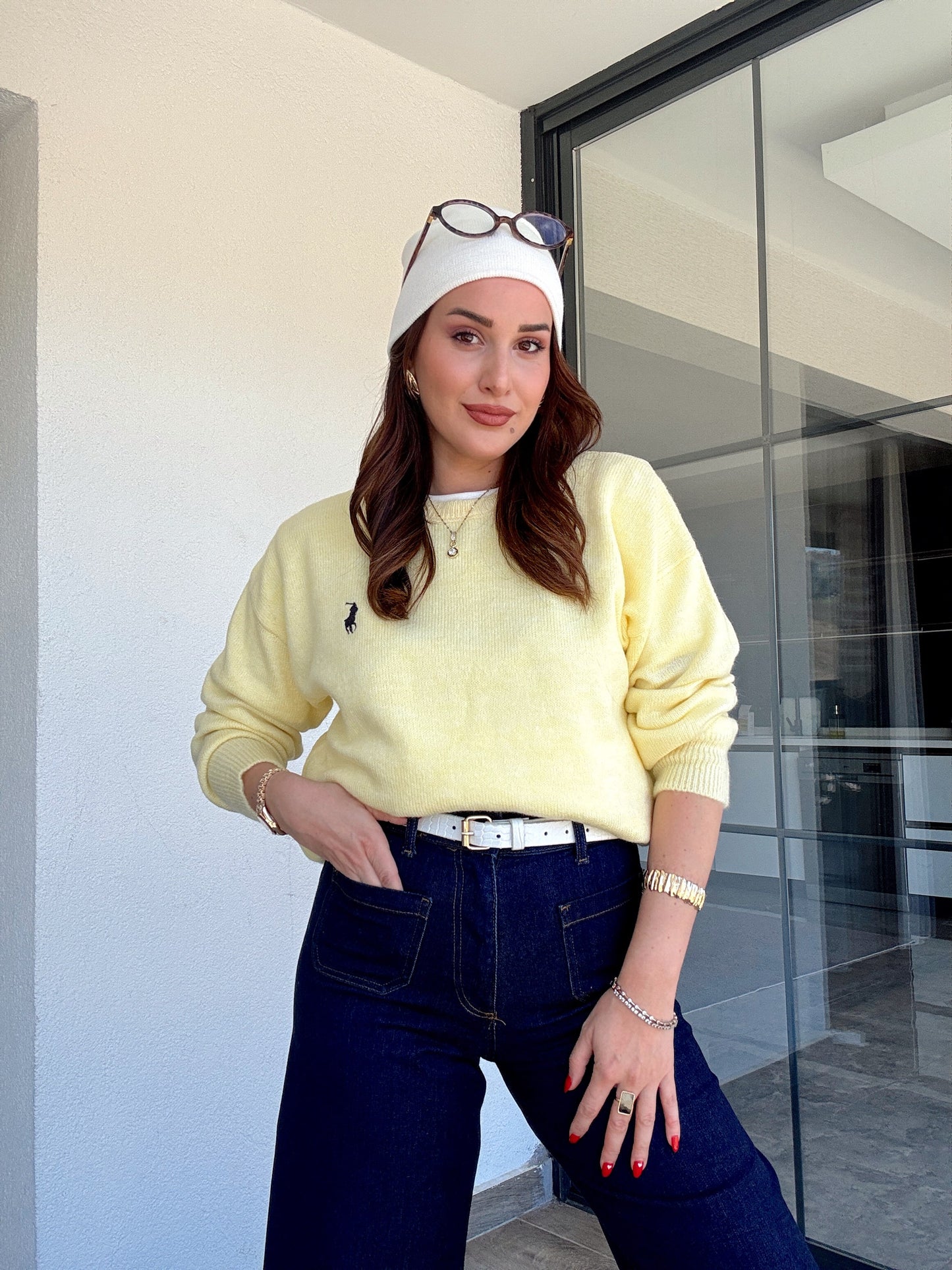 Nakışlı Oversize Triko Kazak Sarı