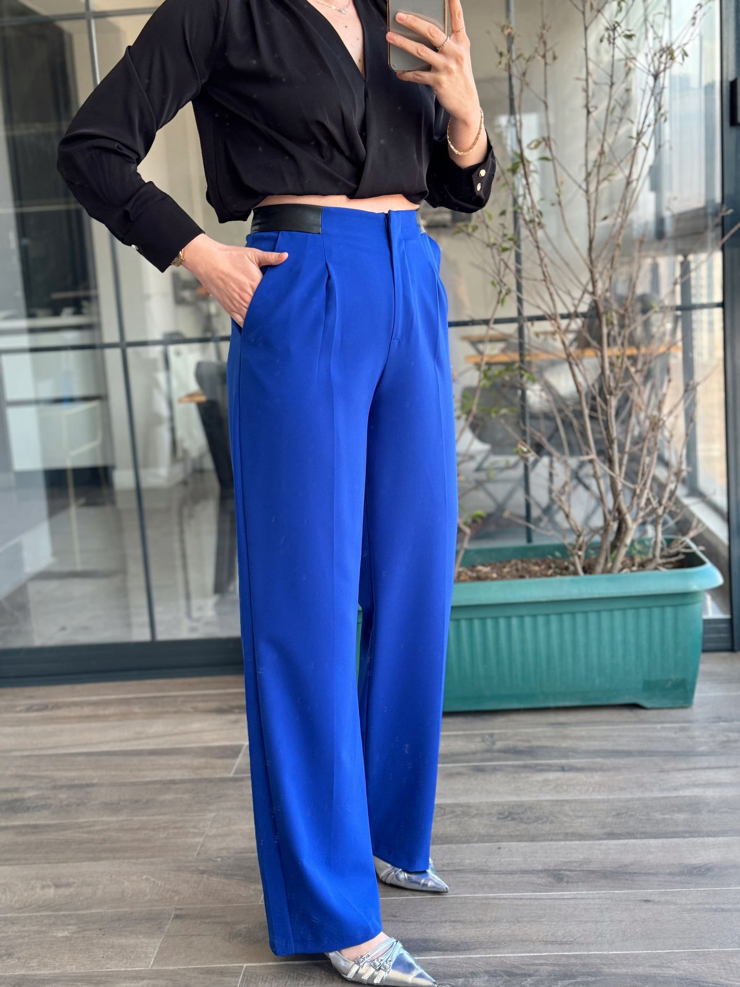 Deri Garnlili Milano Pantolon - SAKS MAVİ