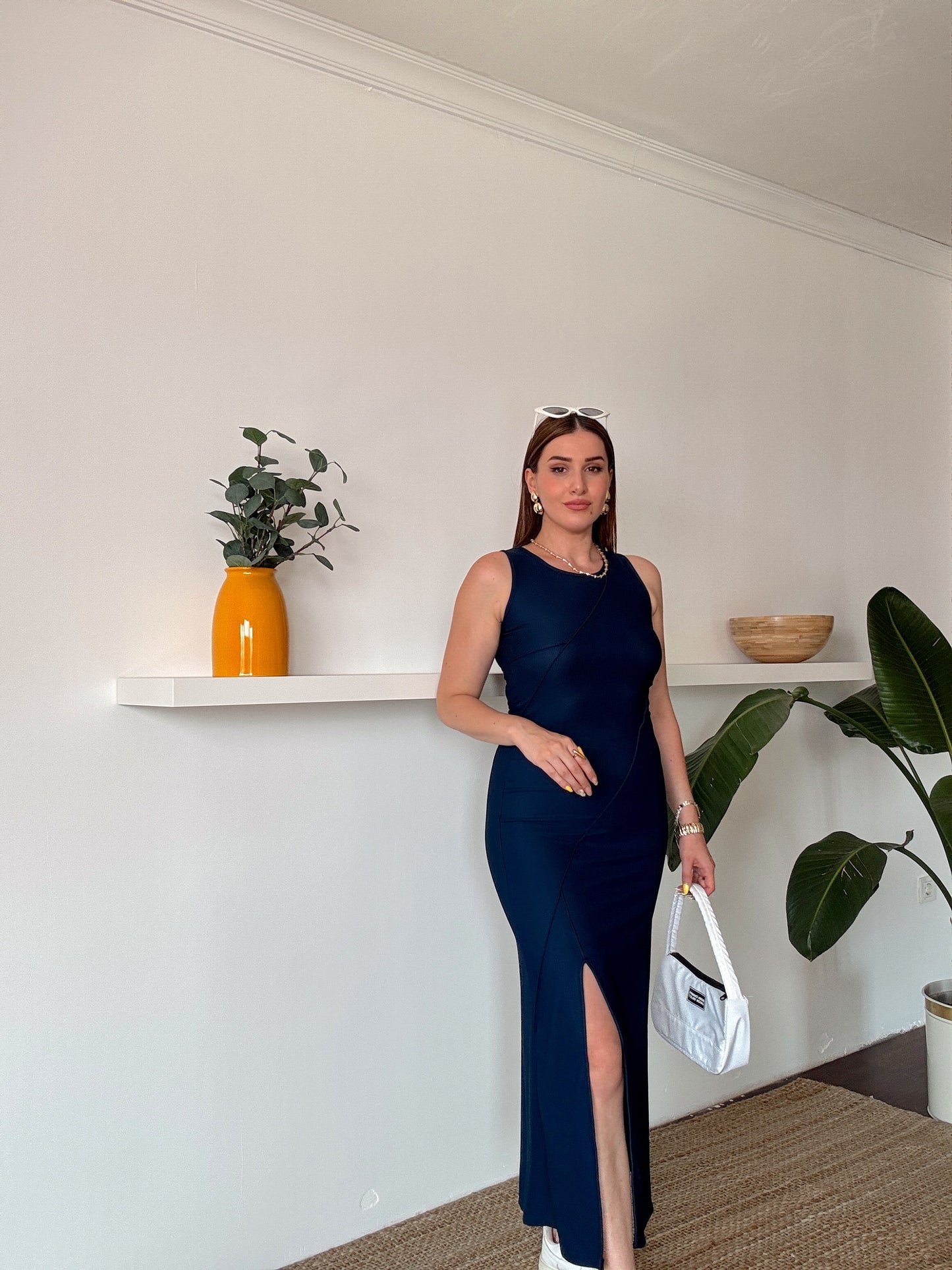 Nevürlü Yırtmaçlı Elbise LACİVERT