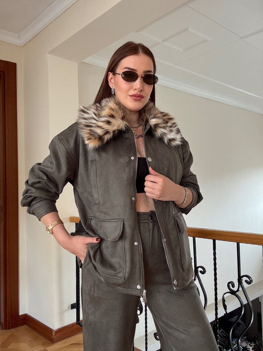 LEOPAR yaka süet ikili takım HAKİ