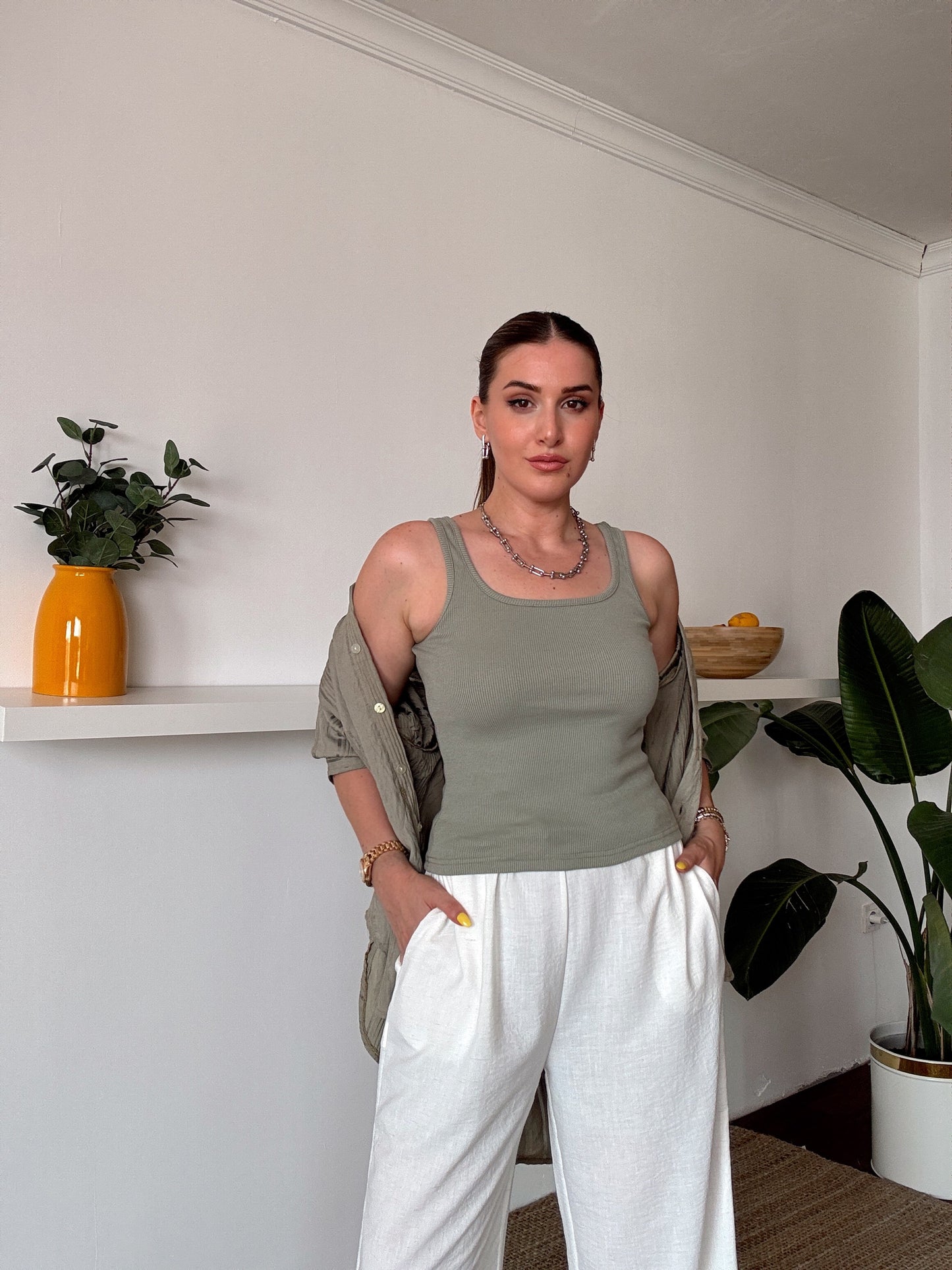 Crush çizgili atletli basic gömlek HAKİ