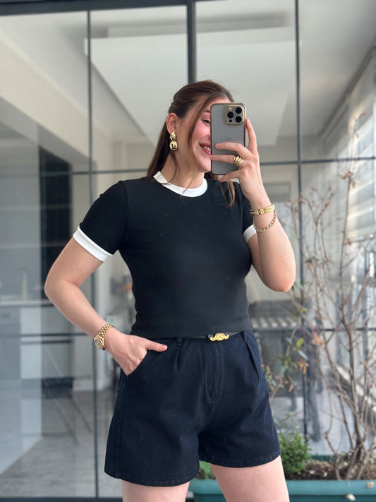 Düz Kısa Kol Crop -SİYAH