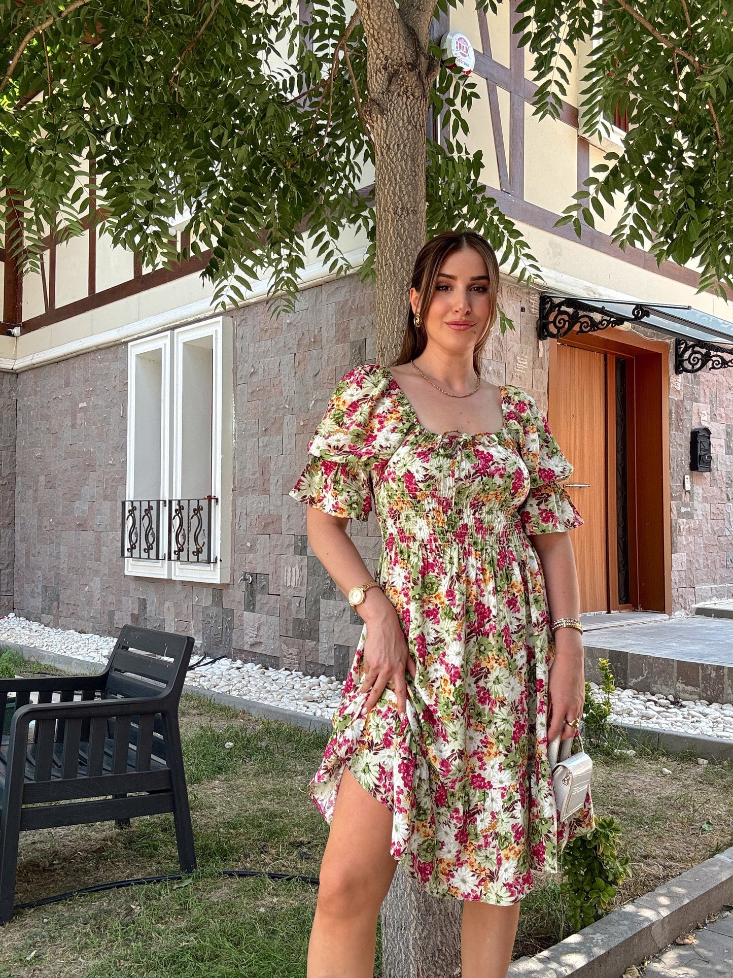 Madonna yaka gipeli elbise -YEŞİL