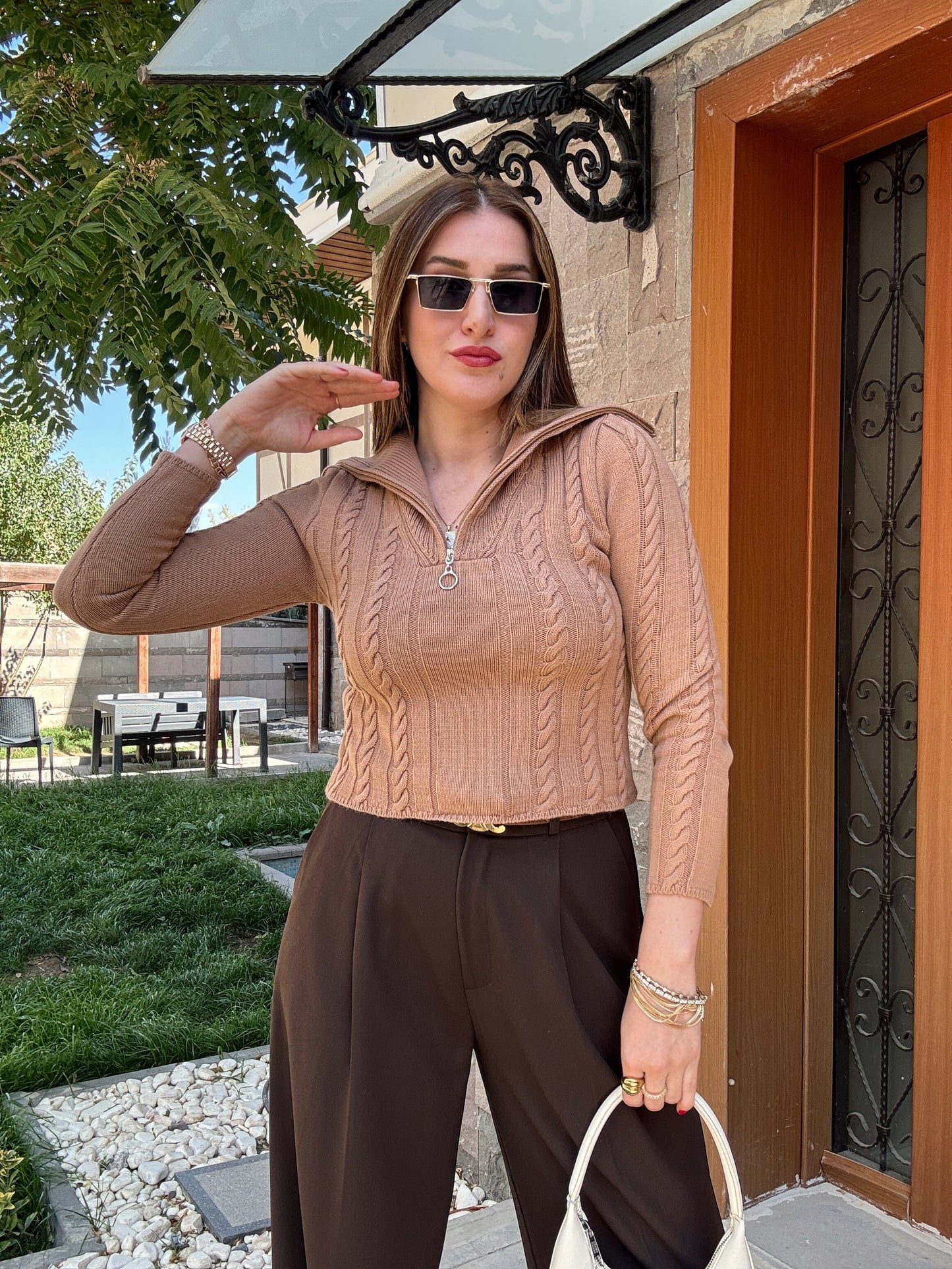 Saç Örgü Fermuarlı Spor Bluz - CAMEL