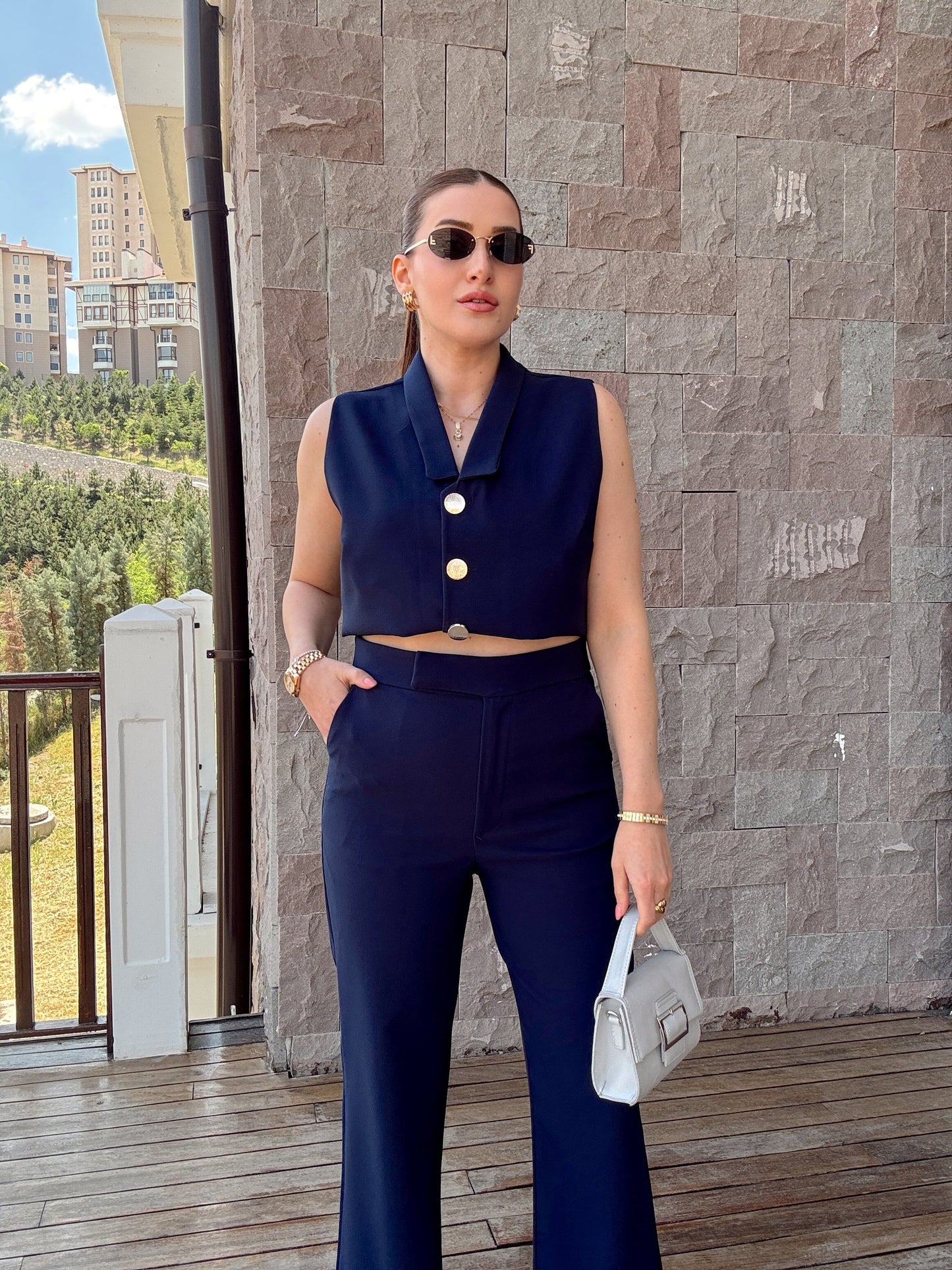 Elisa düğmeli yelekli takım LACİVERT