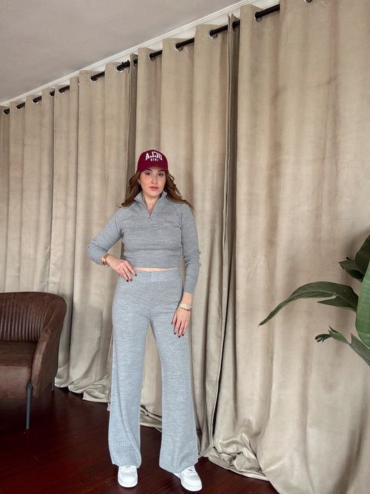 Yaka Fermuar Fitilli Triko Takım - GRİ