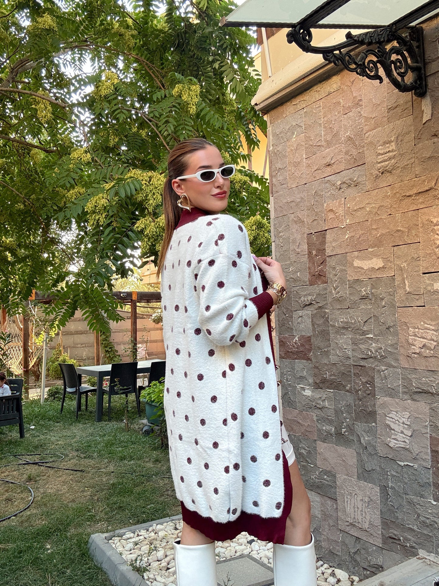 Puantiye Desenli Düğmeli sakal hırka Bordo
