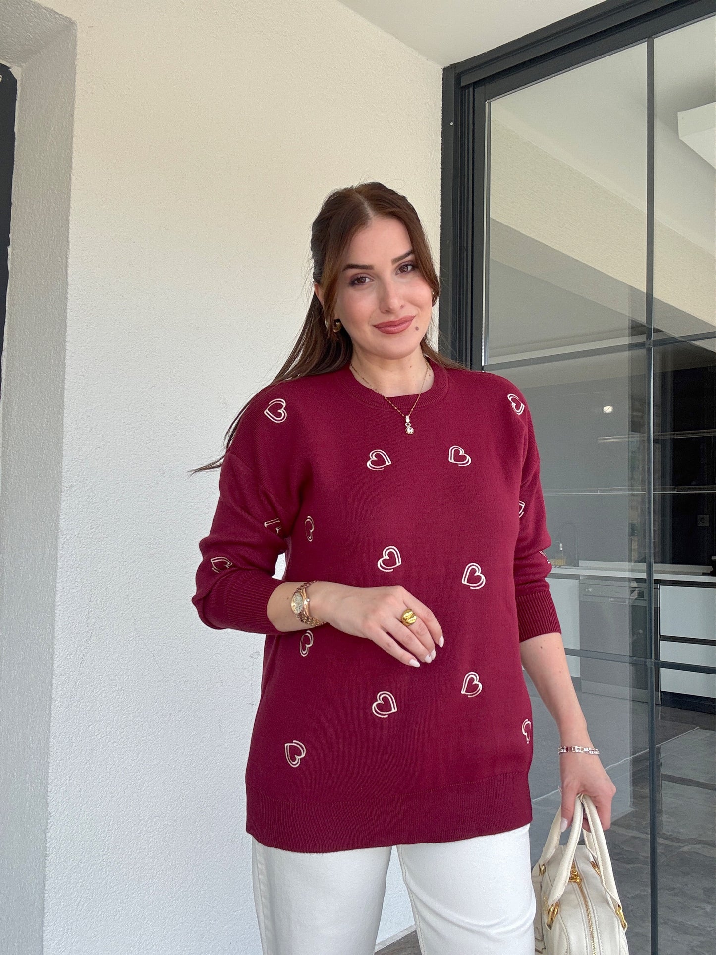 Kalp Nakışlı Premium Triko Kazak Bordo