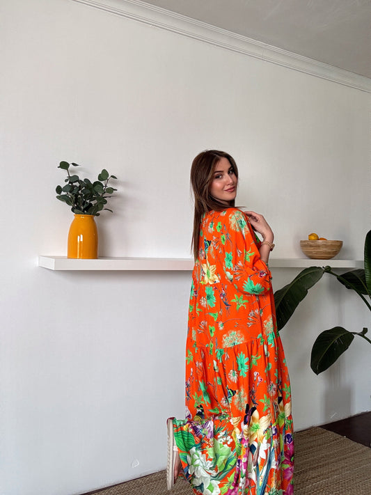 Önden düğmeli desenli salaş elbise TURUNCU
