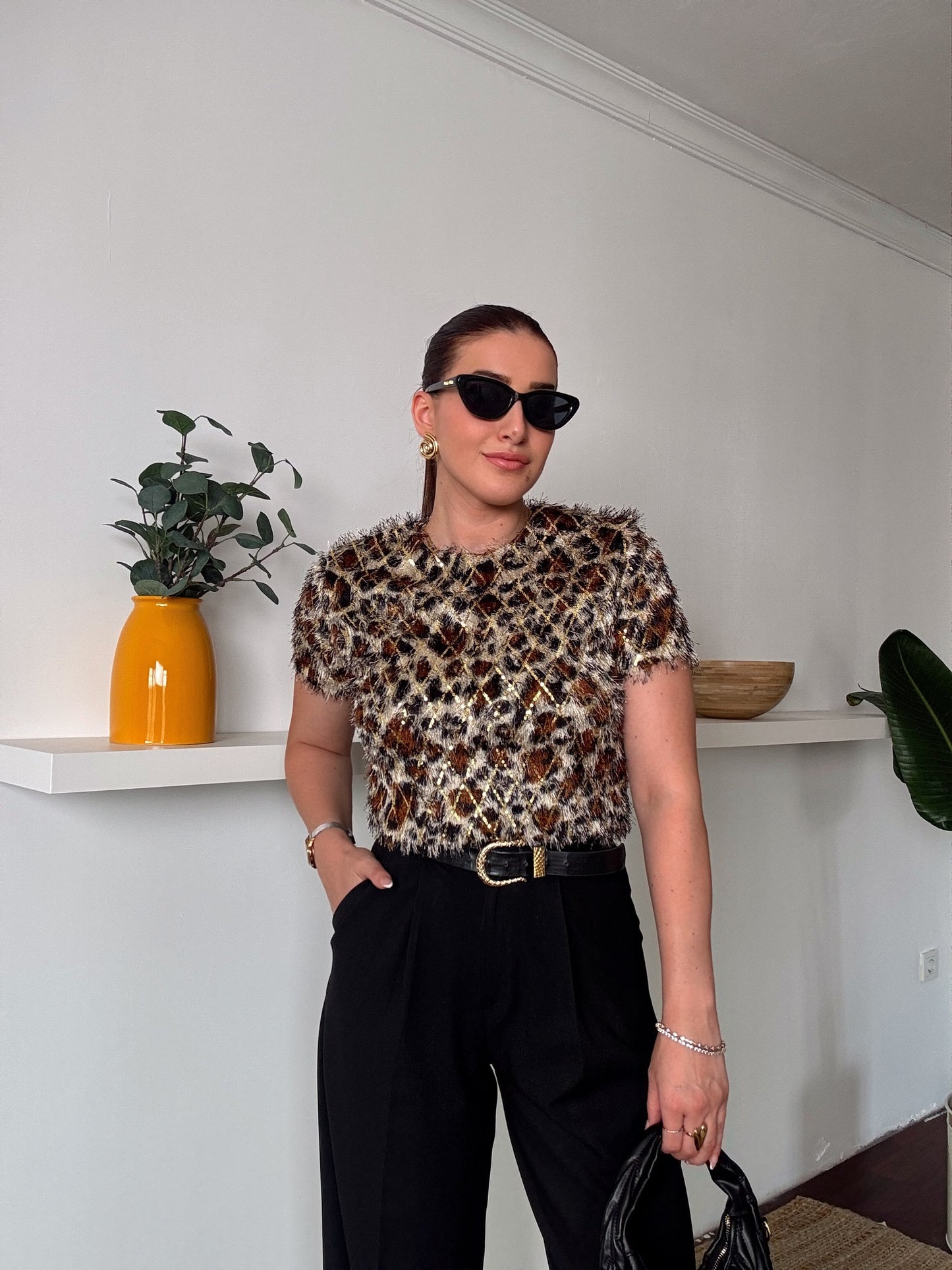 Leopar desen sakal kumaş Simli Bluz Kahve