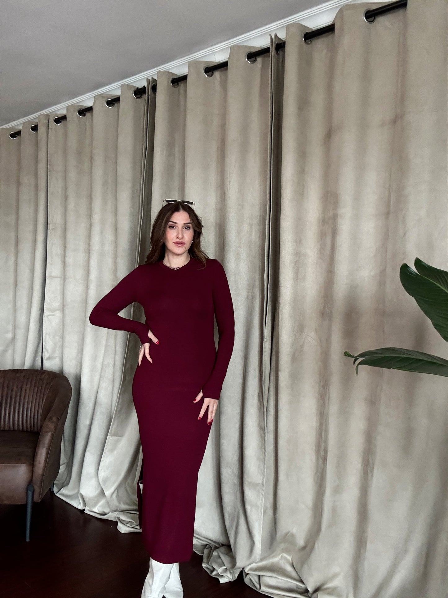 Bisiklet Yaka Yırtmaçlı Elbise - BORDO
