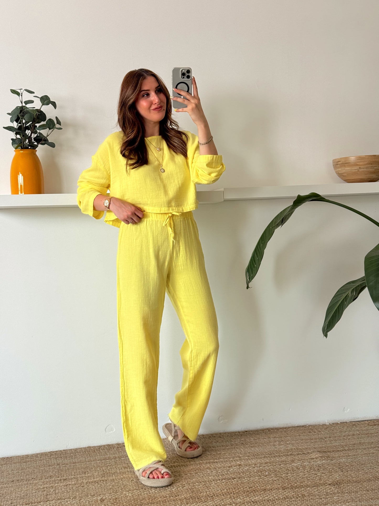 Keten uzun kol crop pantolon ikili takım SARI