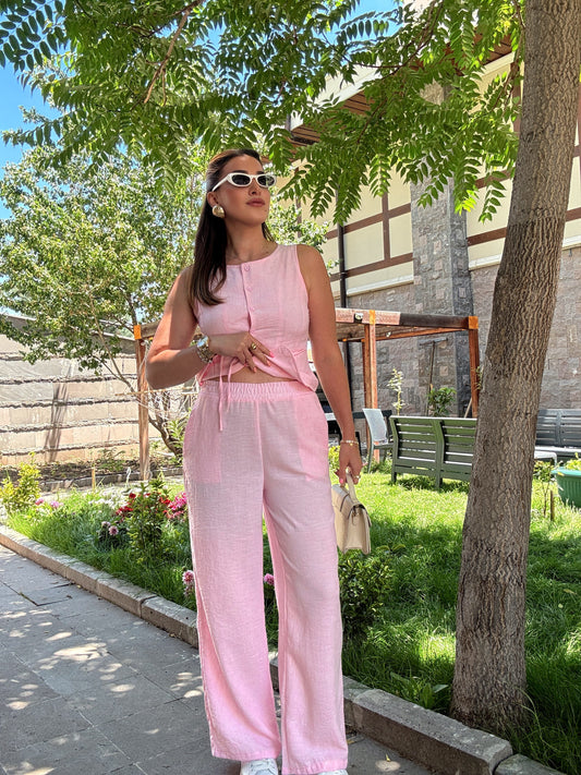 Yelekli bağlama detay keten takım Pembe