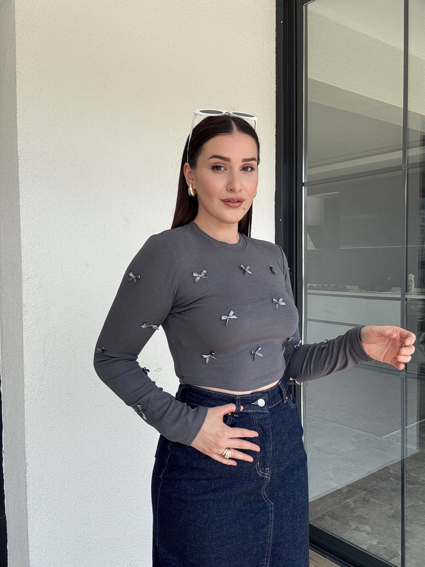 Fiyonklu Crop Bluz GRİ