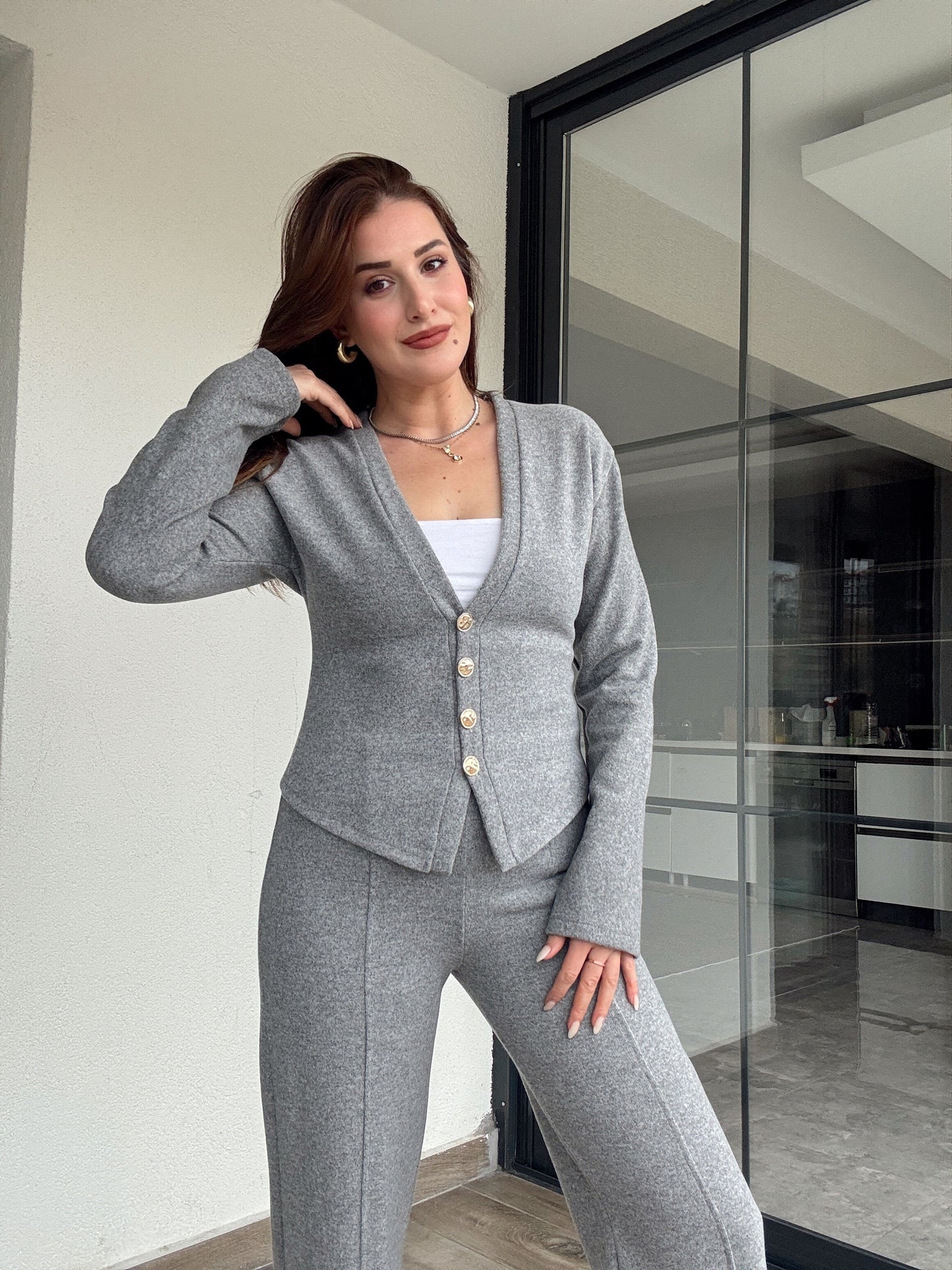 Selanik önü düğmeli ceket çimalı pantolon takım-KOYU GRİ