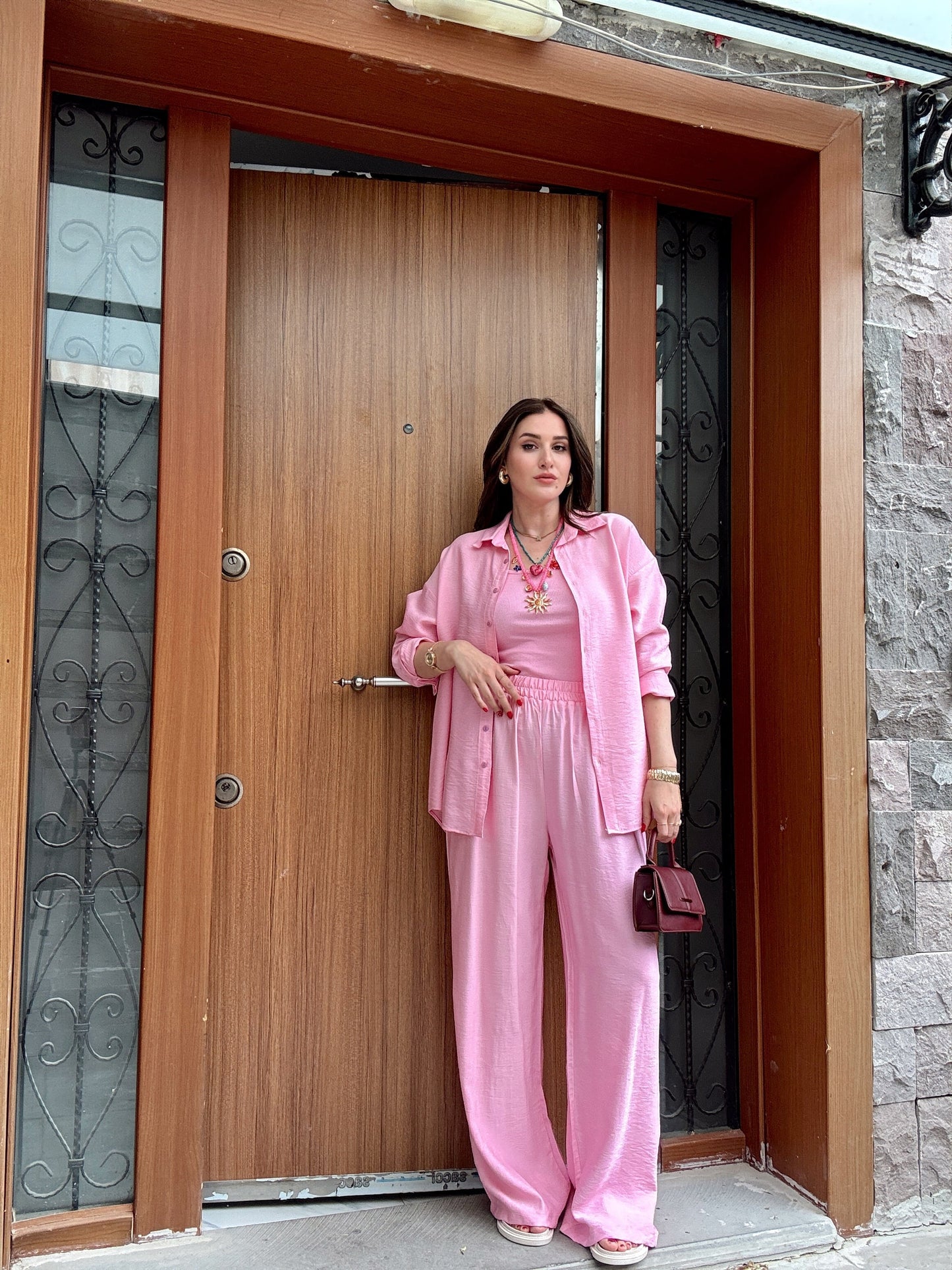 3 Parça Keten Takım Pembe