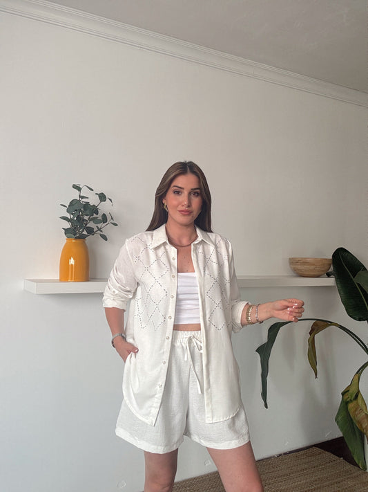 Baklava Taş Detaylı Keten Gömlek Taş