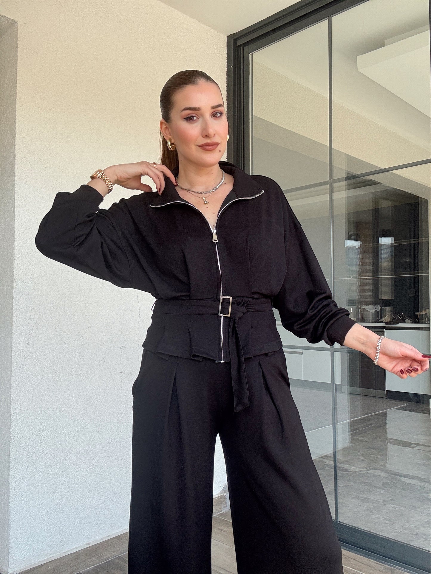 Modal kumaş dik yaka etek pileli ceket pantolon takım-SİYAH