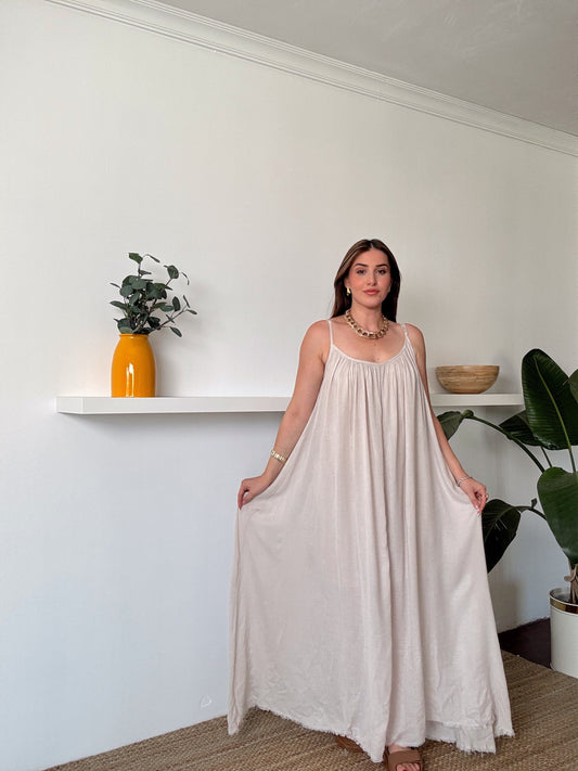 Viskon Vual İp Askılı Elbise Bej