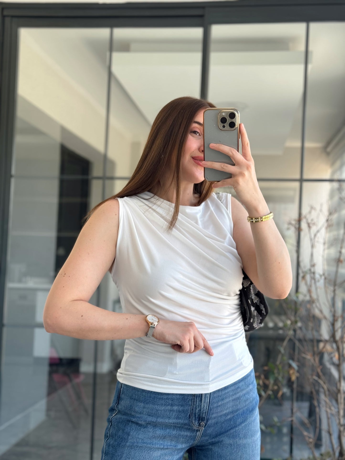 Sandy Kolsuz Büzgülü Bluz - BEYAZ