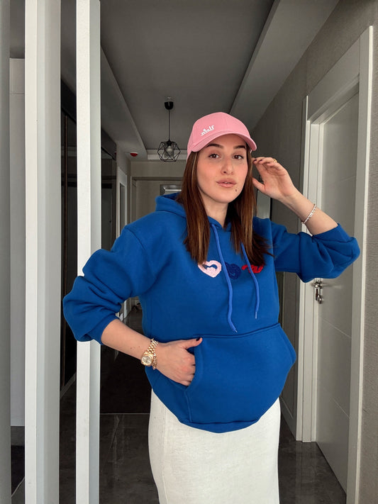 Kalp İşleme Kapüşonlu 3 İplik Sweatshirt - SAKS MAVİ